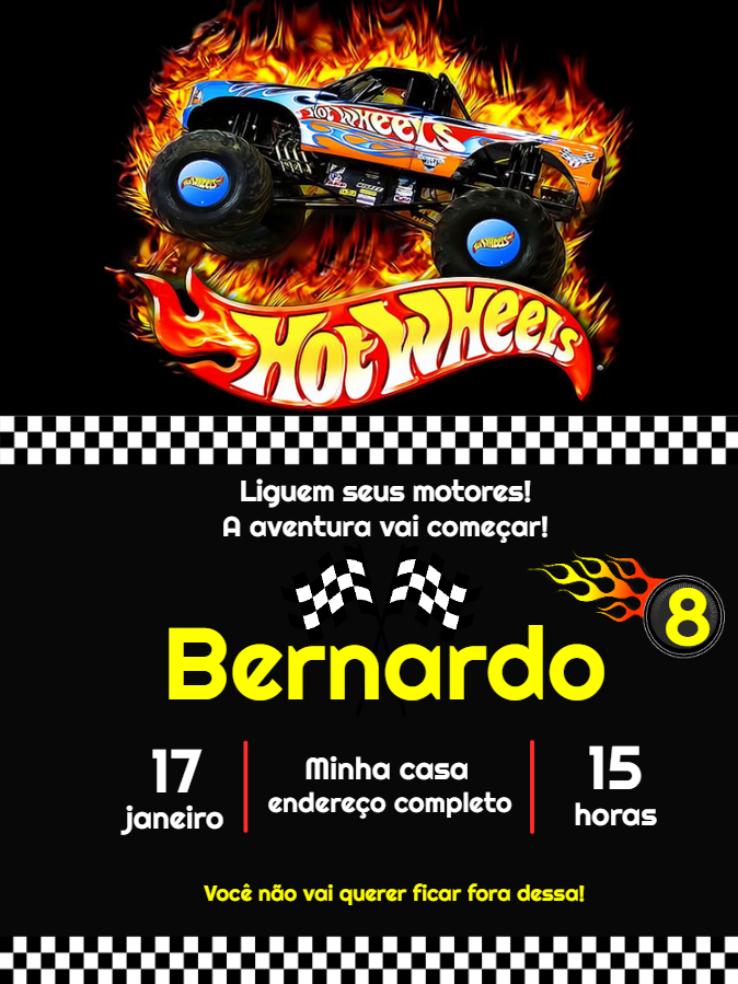 Convite Aniversário Hot Wheels com Monster Truck para Editar Convite Aniversário Hot Wheels com Monster Truck para Editar