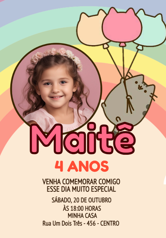 Convite Aniversário Pusheen com Foto para Editar Online Convite Aniversário Pusheen com Foto para Editar Online