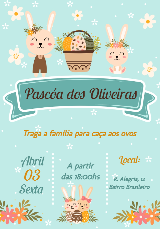Convite de Páscoa com Coelhinhos Fofos para Editar Online Convite de Páscoa com Coelhinhos Fofos para Editar Online