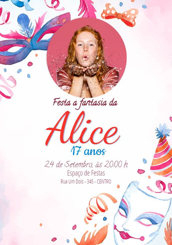 Convite de Aniversário Festa a Fantasia com Foto para Editar Convite de Aniversário Festa a Fantasia com Foto para Editar