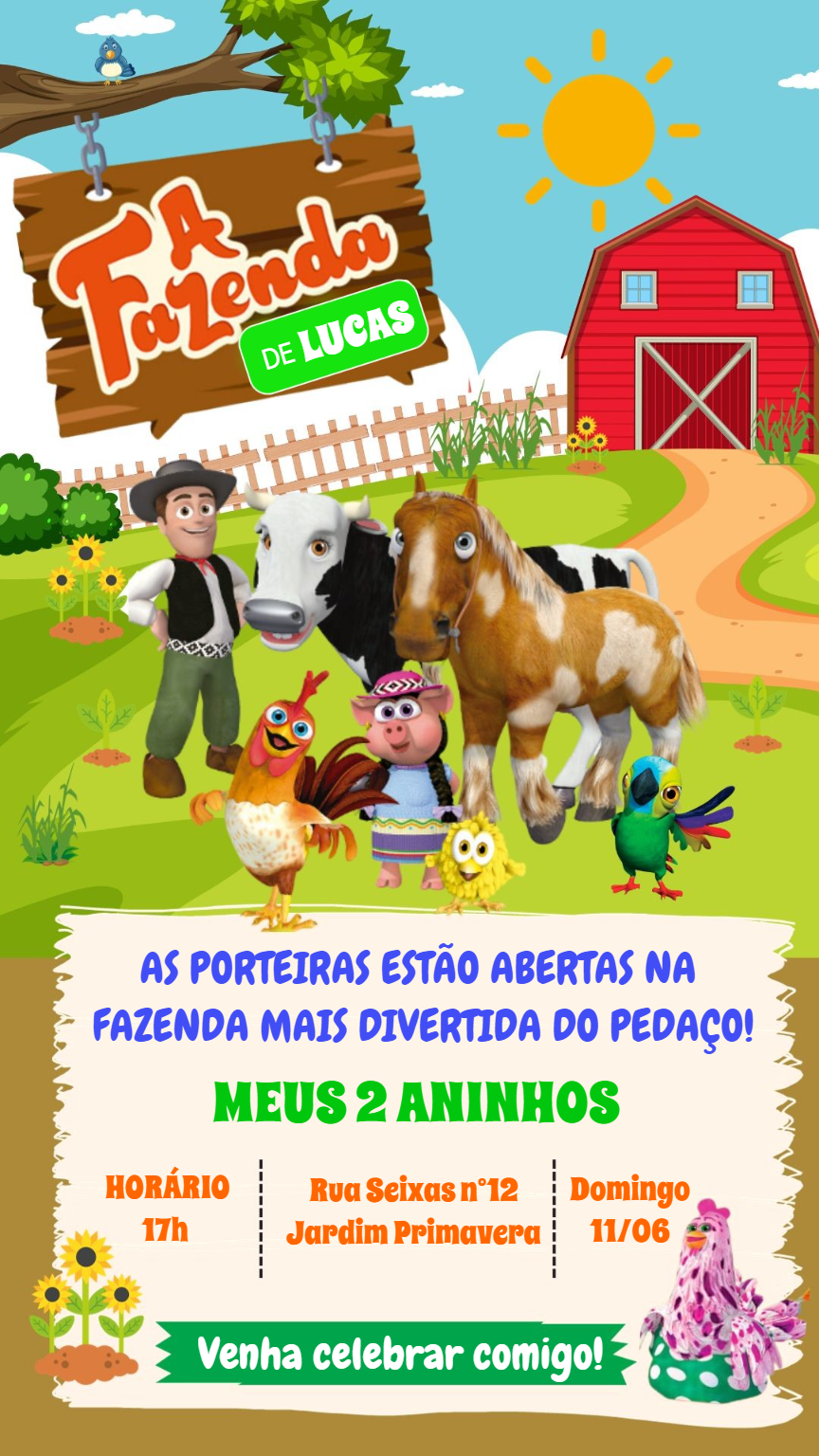 Convite Aniversário Fazenda de Zenon com Personagens para Editar