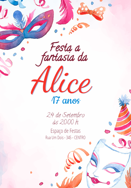 Convite de Aniversário Festa a Fantasia Aquarela para Editar Convite de Aniversário Festa a Fantasia Aquarela para Editar