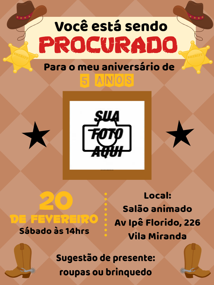 Convite de Aniversário Cowboy Procurado com Foto para Editar Convite de Aniversário Cowboy Procurado com Foto para Editar