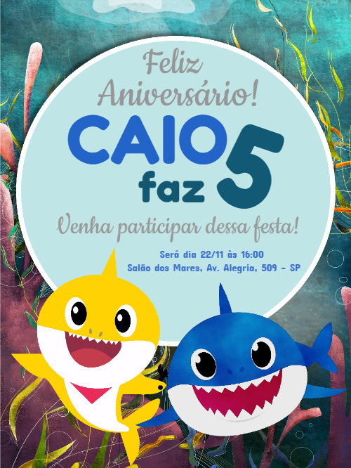 Convite de Aniversário Baby Shark para Editar Online Convite de Aniversário Baby Shark para Editar Online