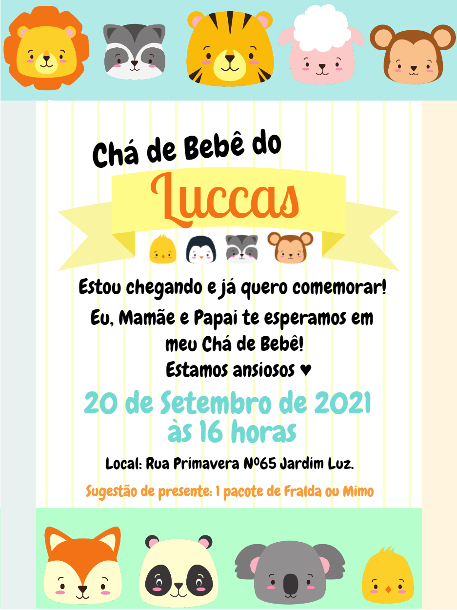 Convite Chá de Bebê Safari com Animais Fofos para Editar Convite Chá de Bebê Safari com Animais Fofos para Editar