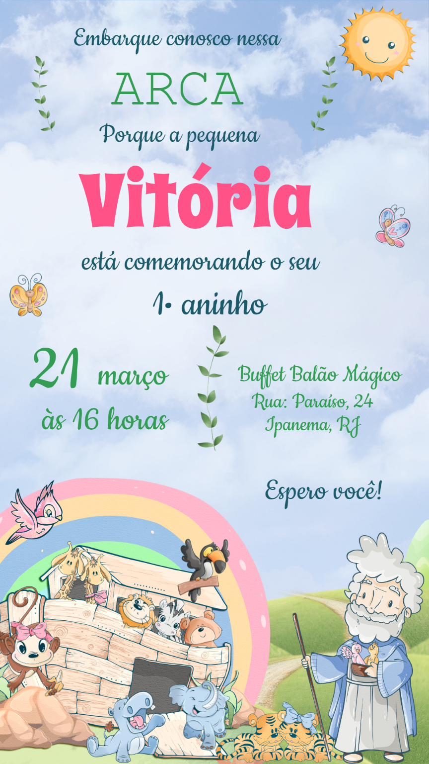 Convite Aniversário Arca de Noé Menina para Editar Online Convite Aniversário Arca de Noé Menina para Editar Online