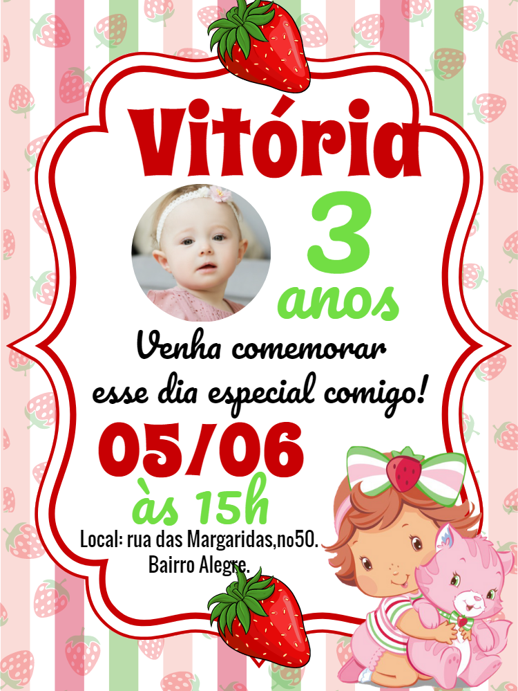 Convite Aniversário Moranguinho Baby com Foto para Editar Online Convite Aniversário Moranguinho Baby com Foto para Editar Online