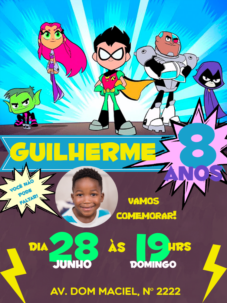 Convite de Aniversário Jovens Titãs em Ação Editável com Foto Convite de Aniversário Jovens Titãs em Ação Editável com Foto