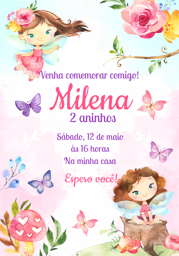 Convite de Aniversário Fadas Aquarela para Editar Online Convite de Aniversário Fadas Aquarela para Editar Online