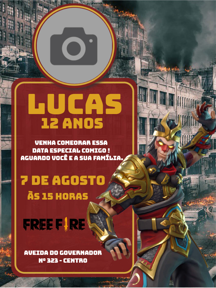 Convite de Aniversário Free Fire com Foto para Editar Online
