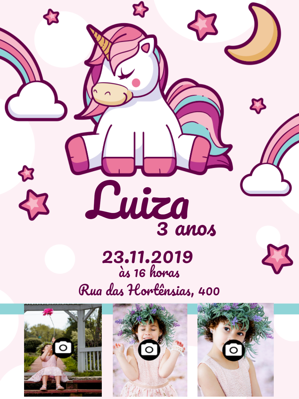 Convite Aniversário Unicórnio com Foto para Editar Online