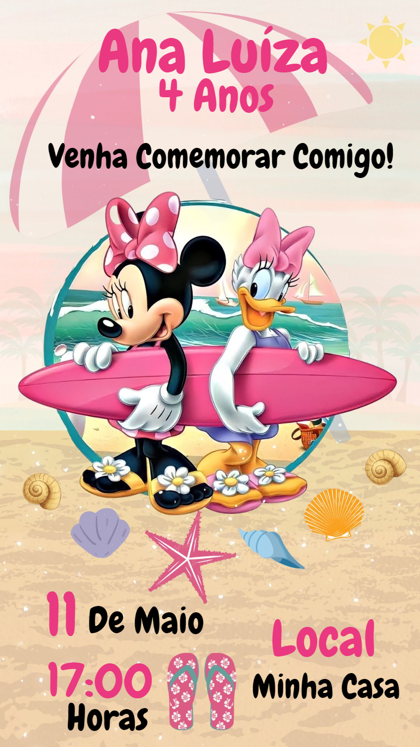 Convite Aniversário Minnie e Margarida Praia para Editar Online Convite Aniversário Minnie e Margarida Praia para Editar Online