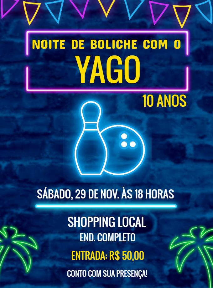 Convite de Aniversário Boliche Neon para Editar Online Convite de Aniversário Boliche Neon para Editar Online