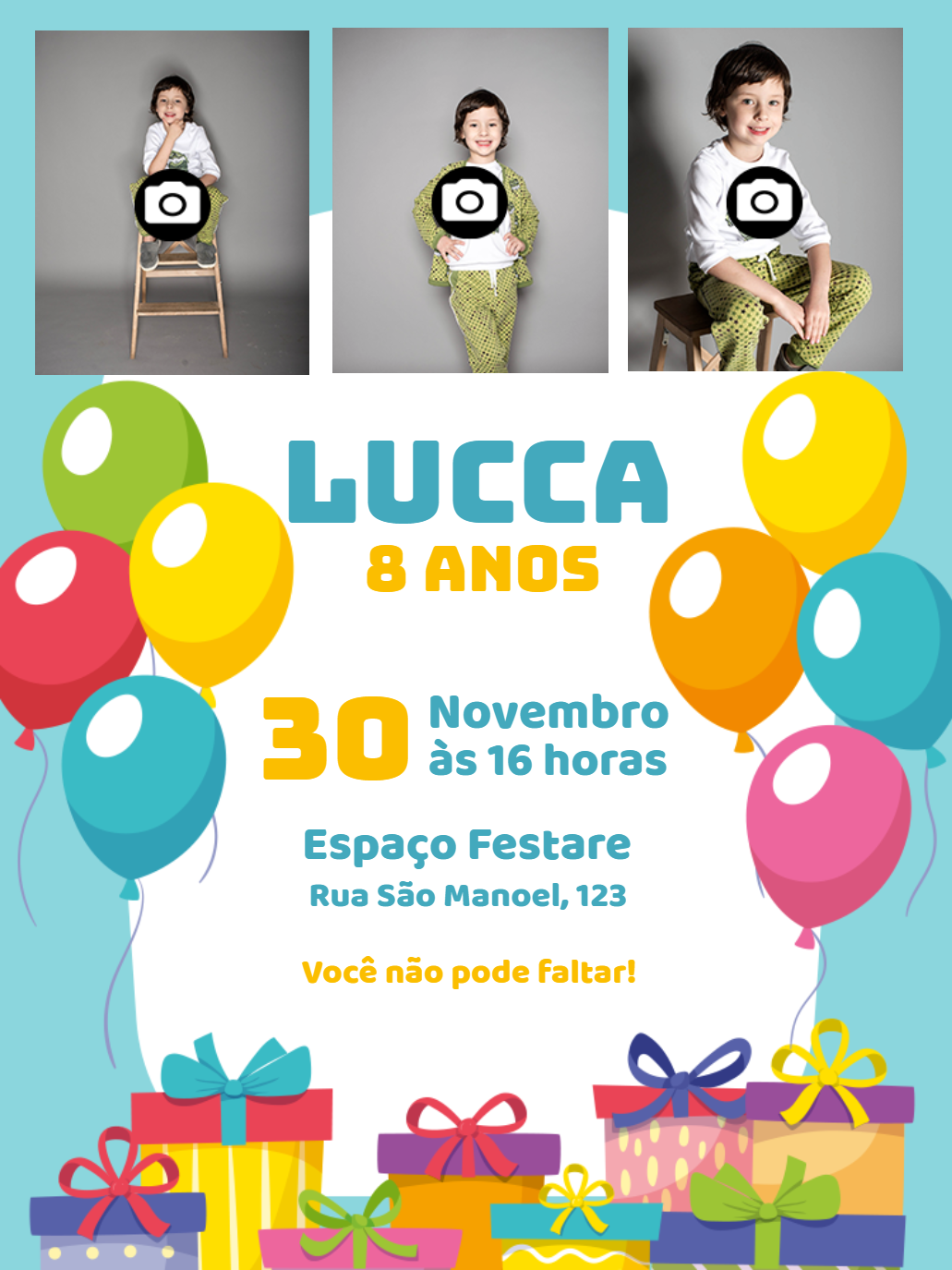 Convite de Aniversário Balões com Foto para Editar Online Convite de Aniversário Balões com Foto para Editar Online