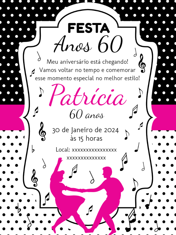 Convite Aniversário Anos 60 Retrô para Editar Online Convite Aniversário Anos 60 Retrô para Editar Online