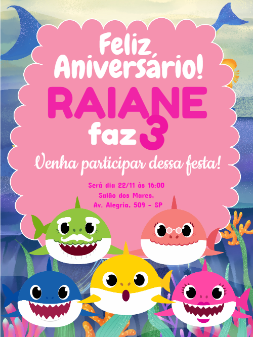 Convite de Aniversário Baby Shark Editável para Imprimir Convite de Aniversário Baby Shark Editável para Imprimir