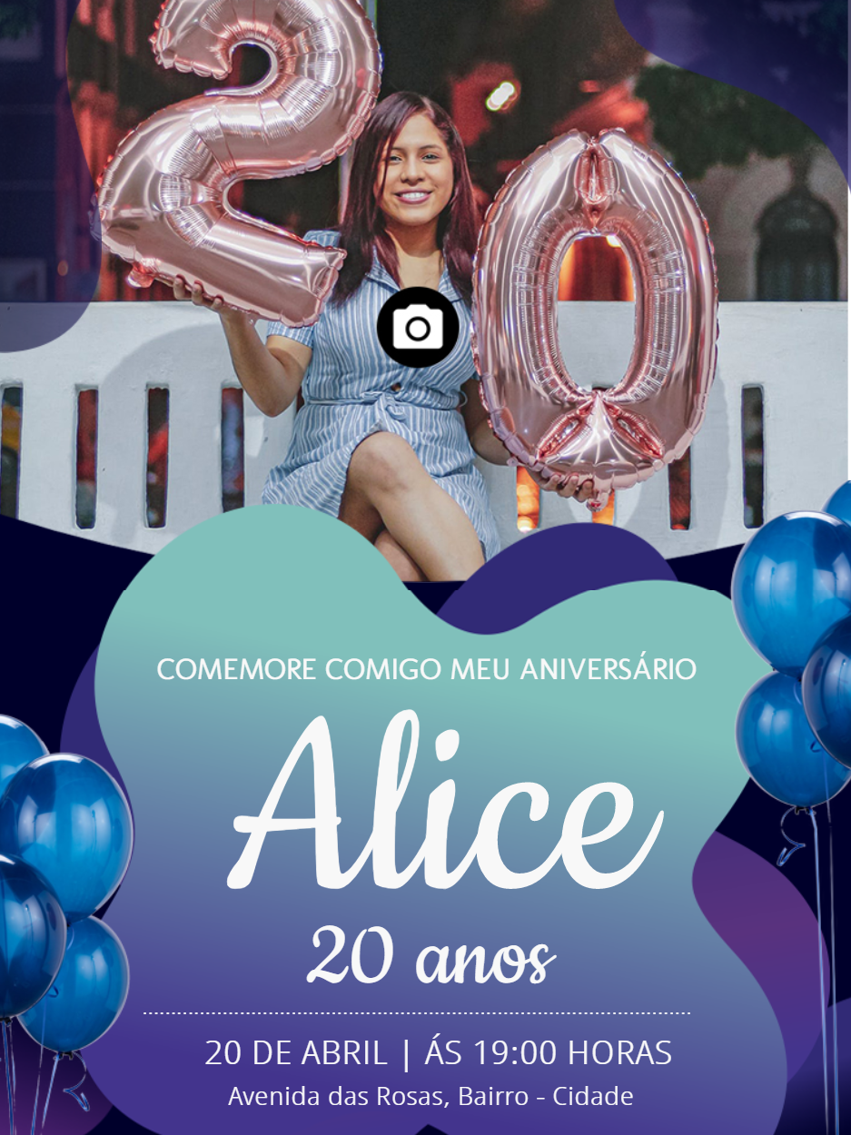 Convite de Aniversário com Balões e Foto para Editar Online