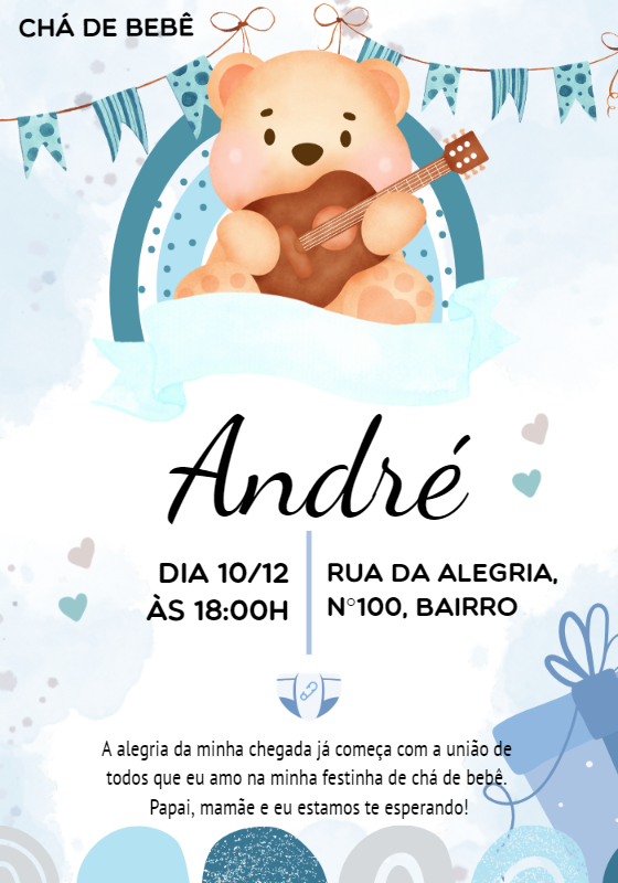 Convite Chá de Bebê Ursinho Azul com Violão para Editar Online Convite Chá de Bebê Ursinho Azul com Violão para Editar Online