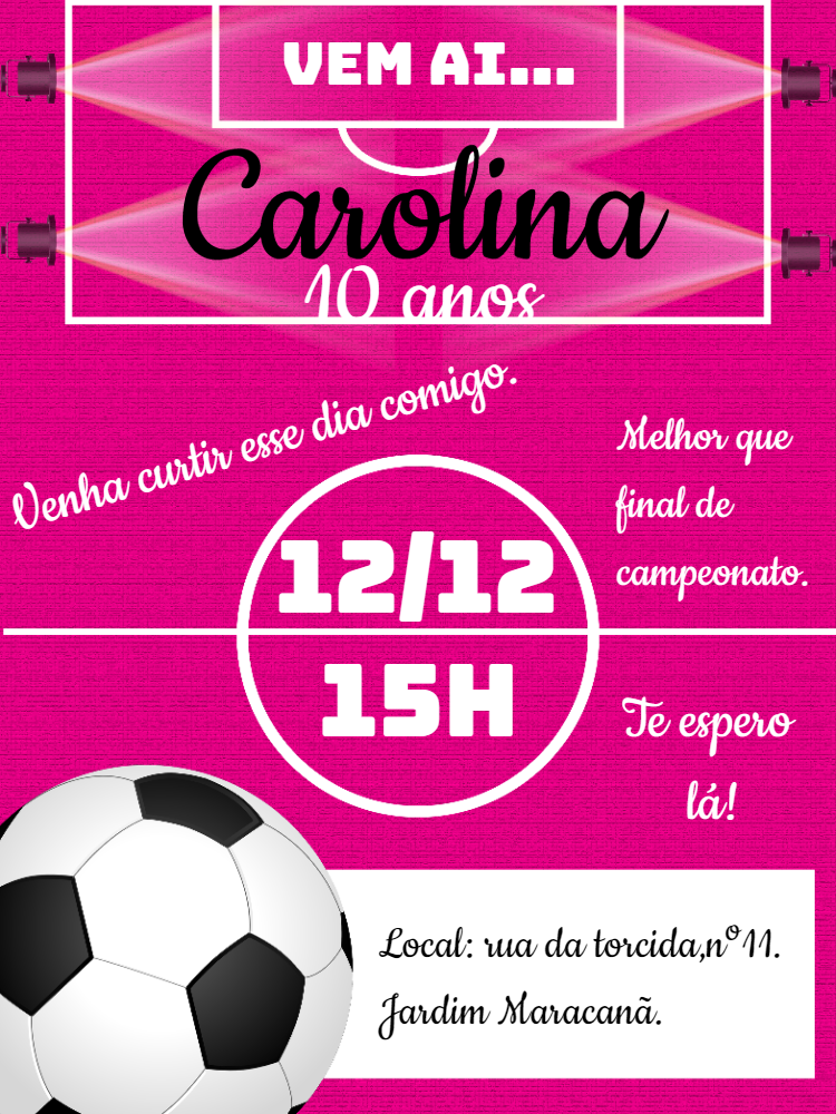 Convite Aniversário Futebol Menina Rosa para Editar Online