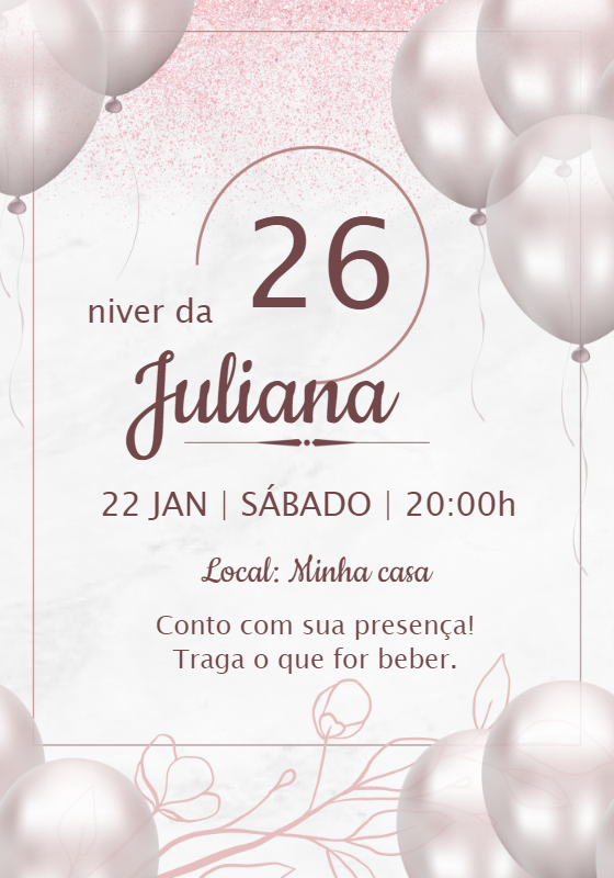 Convite Aniversário Rosê com Balões para Editar Online Convite Aniversário Rosê com Balões para Editar Online
