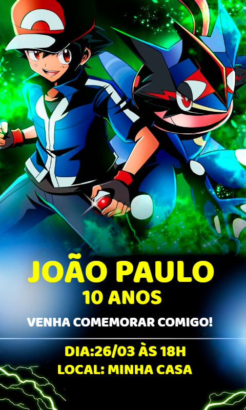 Convite de Aniversário Pokémon com Ash e Greninja para Editar Convite de Aniversário Pokémon com Ash e Greninja para Editar