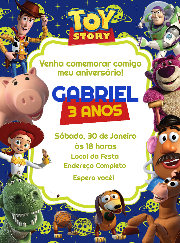 Convite de Aniversário Toy Story com Personagens para Editar Convite de Aniversário Toy Story com Personagens para Editar