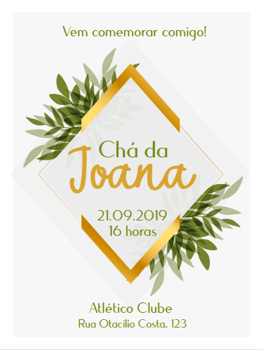 Convite Chá de Panela Folhas e Dourado para Editar Online Convite Chá de Panela Folhas e Dourado para Editar Online