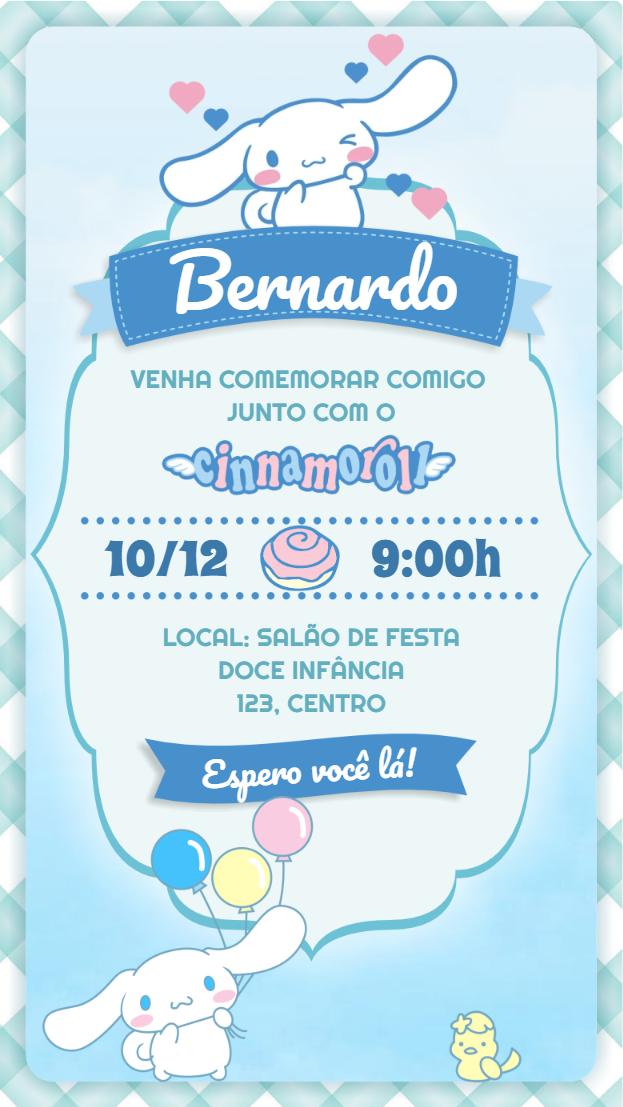 Convite de Aniversário Cinnamoroll Editável Online