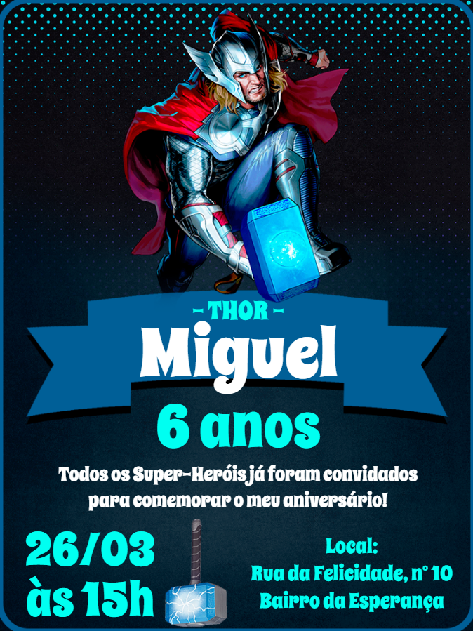 Convite de Aniversário Thor Editável para Imprimir ou Enviar Convite de Aniversário Thor Editável para Imprimir ou Enviar