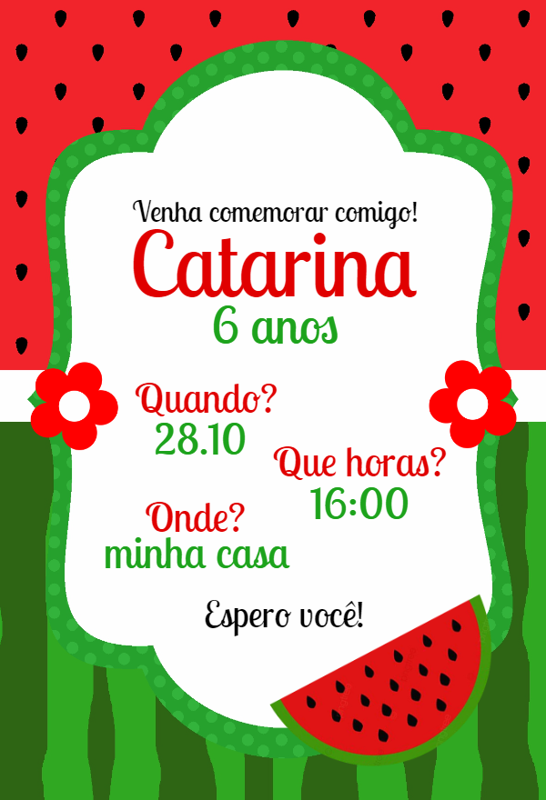 Convite de Aniversário Tema Melancia para Editar Online Convite de Aniversário Tema Melancia para Editar Online