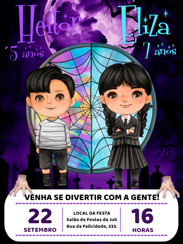 Convite Aniversário Duplo Wandinha e Feioso para Editar Online Convite Aniversário Duplo Wandinha e Feioso para Editar Online