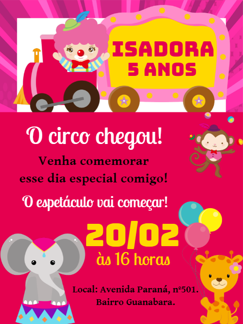 Convite Aniversário Circo Rosa com Animais para Editar Online Convite Aniversário Circo Rosa com Animais para Editar Online