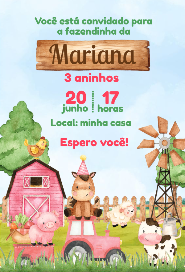 Convite Aniversário Fazendinha Rosa para Editar Online Convite Aniversário Fazendinha Rosa para Editar Online
