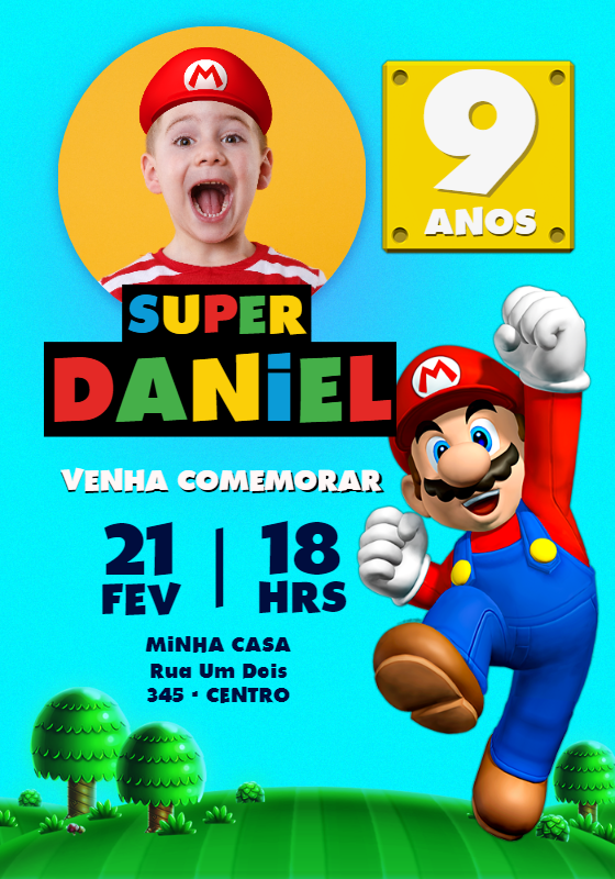 Convite Aniversário Super Mario com Foto para Editar Online Convite Aniversário Super Mario com Foto para Editar Online