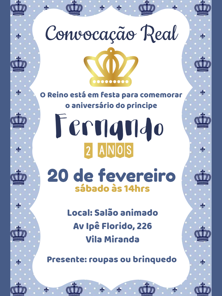 Convite Aniversário Príncipe Coroa Real para Editar Online Convite Aniversário Príncipe Coroa Real para Editar Online