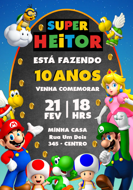 Convite de Aniversário Super Mario com Personagens para Editar Convite de Aniversário Super Mario com Personagens para Editar