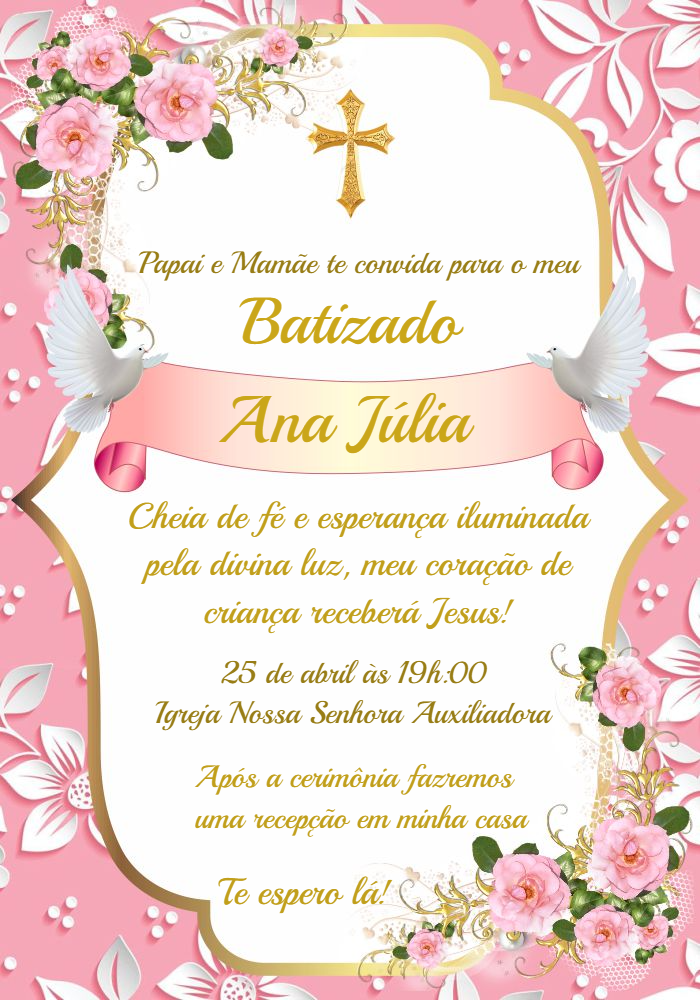Convite Batizado Menina Floral Rosa e Dourado para Editar