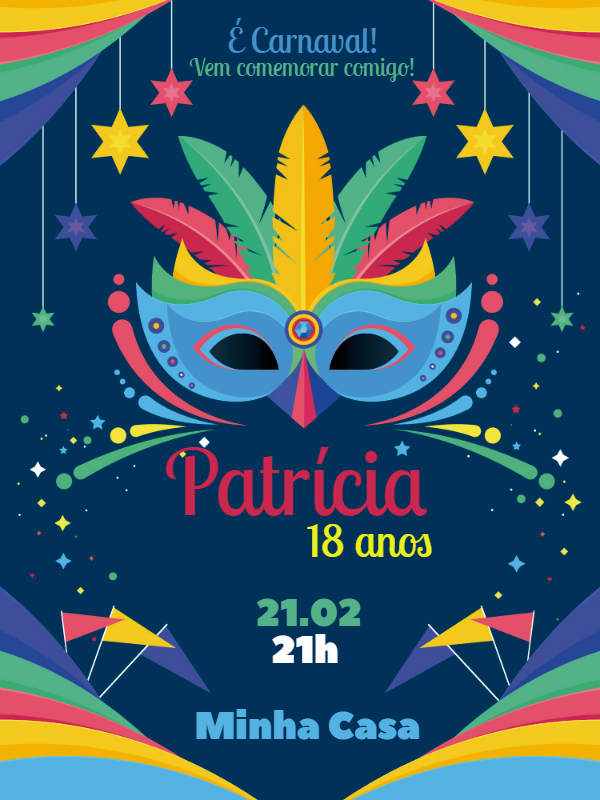 Convite Aniversário Carnaval com Máscara para Editar Online Convite Aniversário Carnaval com Máscara para Editar Online