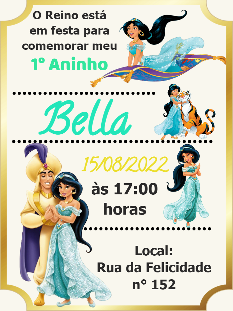 Convite de Aniversário Jasmine e Aladdin para Editar Online Convite de Aniversário Jasmine e Aladdin para Editar Online
