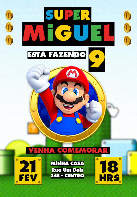 Convite de Aniversário Super Mario para Editar Online Convite de Aniversário Super Mario para Editar Online