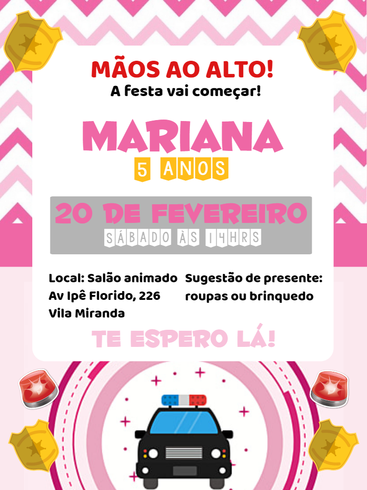 Convite Aniversário Policial Feminino para Editar Online Convite Aniversário Policial Feminino para Editar Online