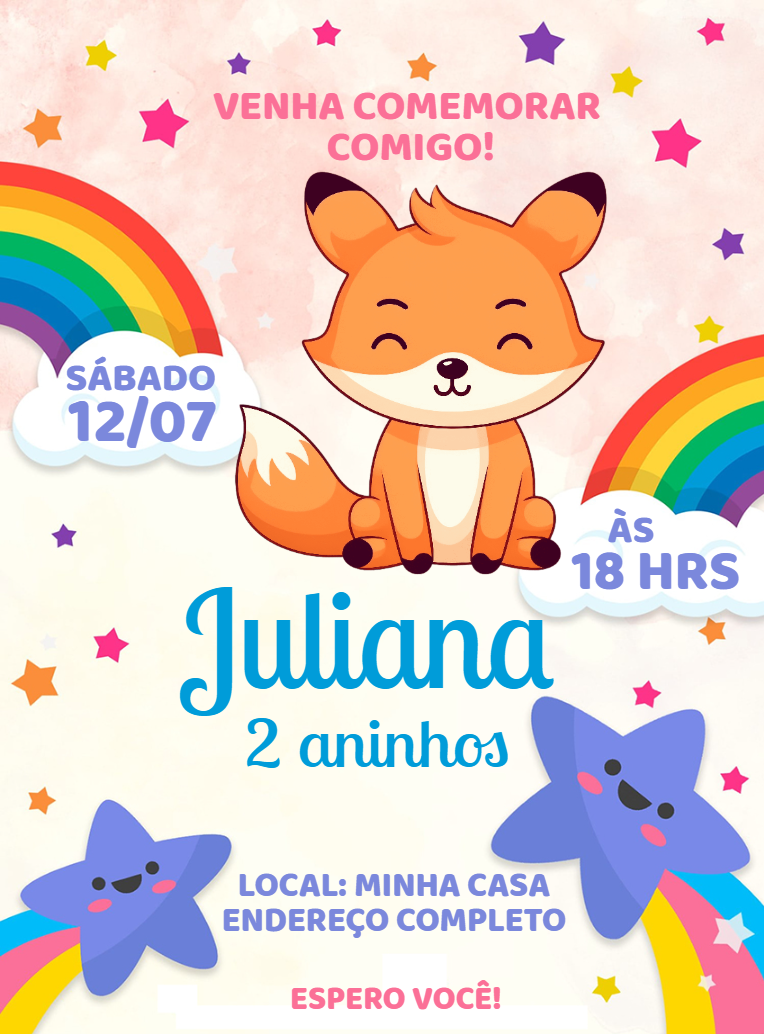 Convite de Aniversário Raposinha Fofa para Editar Online Convite de Aniversário Raposinha Fofa para Editar Online