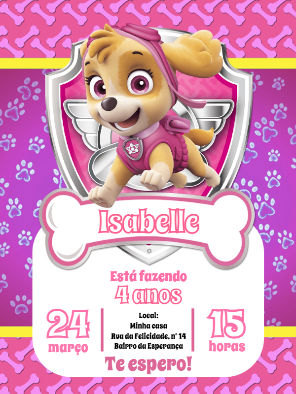 Convite Aniversário Patrulha Canina Skye para Editar Online Convite Aniversário Patrulha Canina Skye para Editar Online