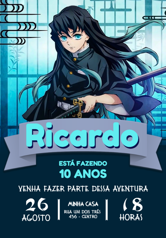 Convite Aniversário Demon Slayer Tokito para Editar Online Convite Aniversário Demon Slayer Tokito para Editar Online