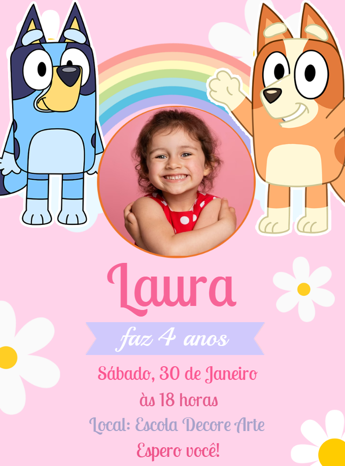 Convite Aniversário Bluey e Bingo com Foto para Editar Online Convite Aniversário Bluey e Bingo com Foto para Editar Online