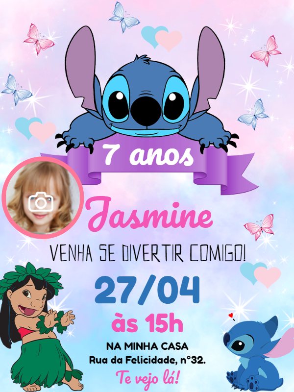 Convite Aniversário Lilo e Stitch com Foto para Editar Online Convite Aniversário Lilo e Stitch com Foto para Editar Online