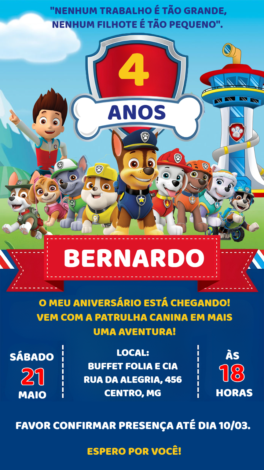 Convite Aniversário Patrulha Canina com Filhotes para Editar Convite Aniversário Patrulha Canina com Filhotes para Editar