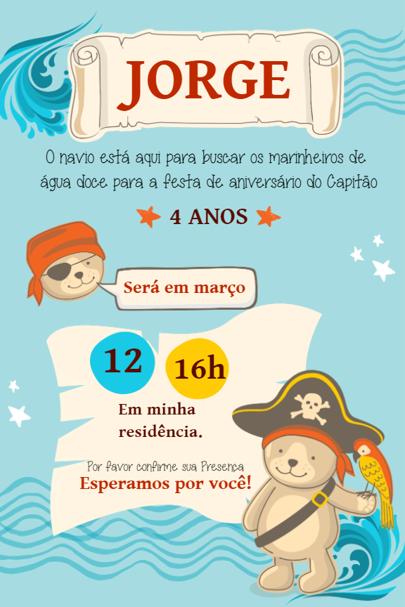 Convite de Aniversário Ursinho Pirata para Editar Online Convite de Aniversário Ursinho Pirata para Editar Online