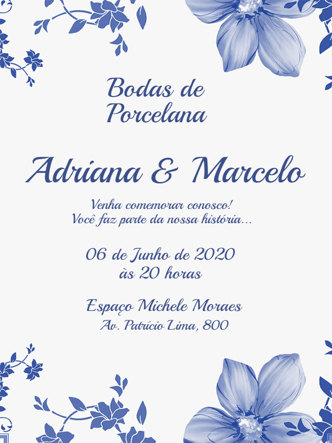 Convite Bodas de Porcelana Floral Azul para Editar Online Convite Bodas de Porcelana Floral Azul para Editar Online