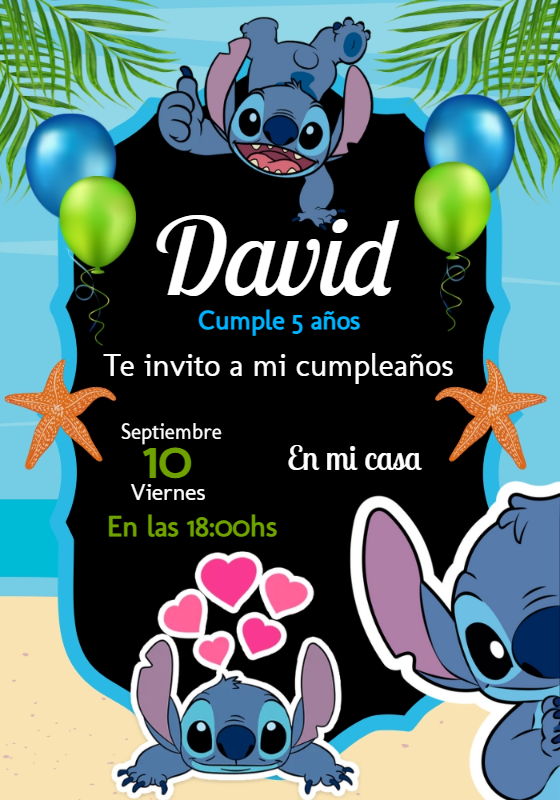 Invitación de Cumpleaños de Stitch para Editar y Personalizar Invitación de Cumpleaños de Stitch para Editar y Personalizar